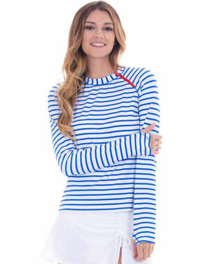 Cabana Life Women's Zipper Rash Guard in Blue & White Size Medium